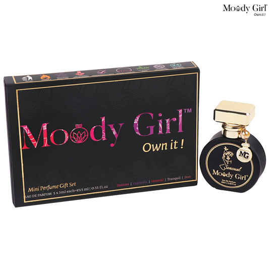 Moody Girl mini perfume gift set with black box + Sensual 20ml Perfume bottle on a white background