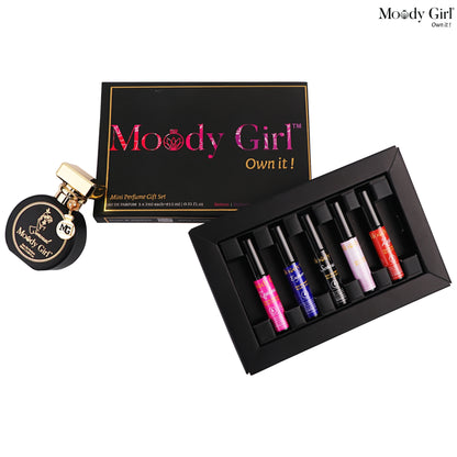 Moody Girl mini perfume gift set with six bottles + Sensual 20ml Perfume and a black box on a white background.
