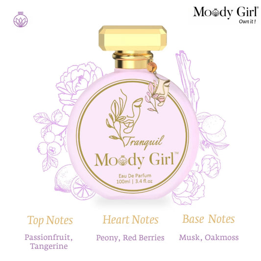 Pink perfume bottle with gold cap and 'Moody Girl' branding on a white background.