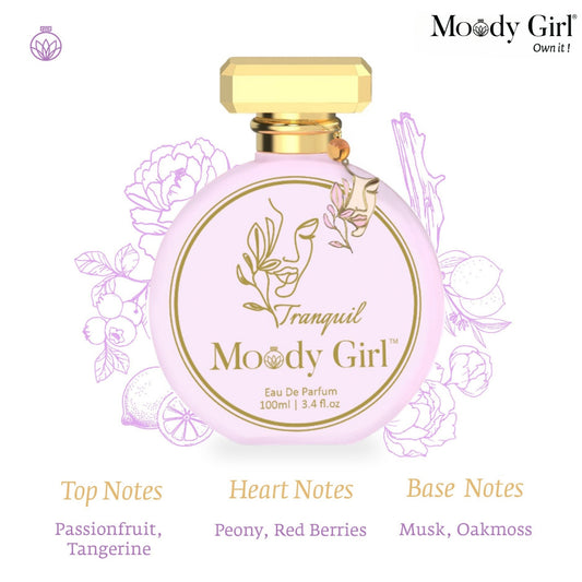 Tranquil 100ml Pink perfume bottle with gold cap and 'Moody Girl' branding on a white background