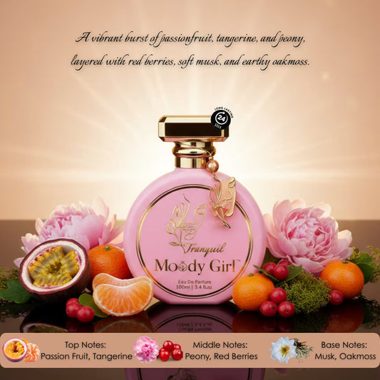 Pink perfume bottle with gold accents on a decorative background with fruits and flowers, featuring the brand 'Tranquil Moody Girl'.