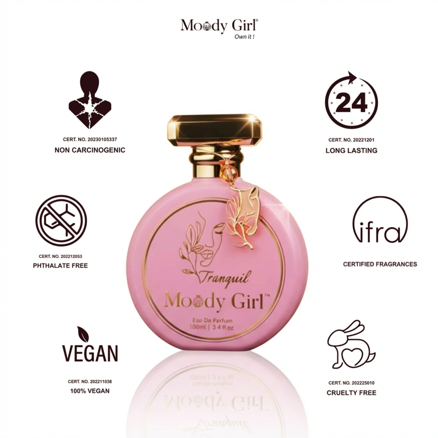 Pink perfume bottle with gold accents on a white background, featuring Moody Girl branding and certification logos.