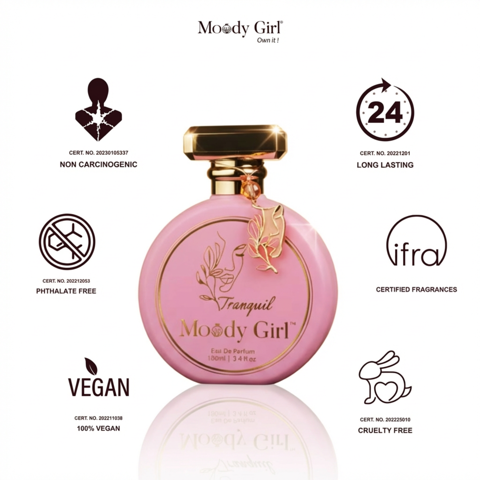 Pink perfume bottle with gold accents on a white background, featuring Moody Girl branding and certification logos.