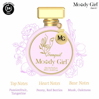 Moody Girl Tranquil 20ml perfume bottle with gold cap on a white background