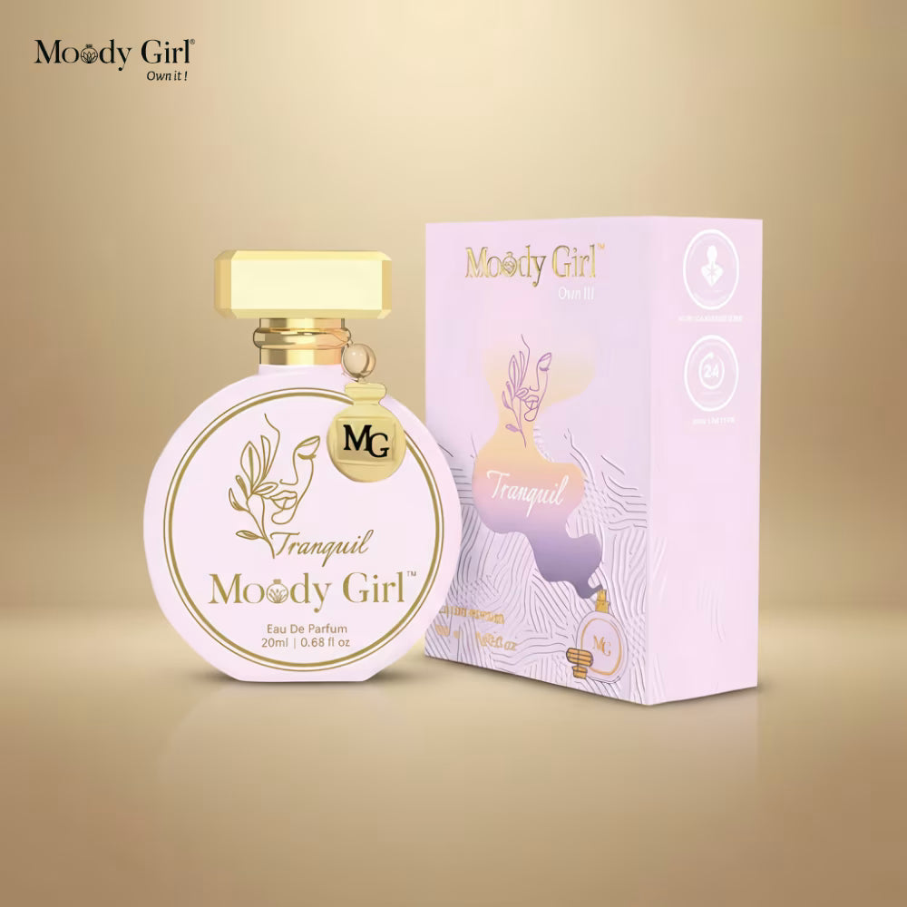Moody Girl Tranquil perfume bottle and packaging on a beige background