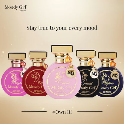 Five Moody Girl perfume bottles with gold caps on a beige background