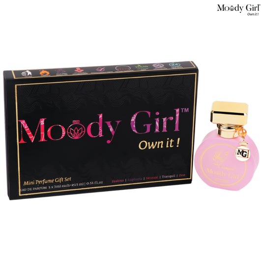 Moody Girl mini perfume gift set with black box and pink perfume bottle on a white background