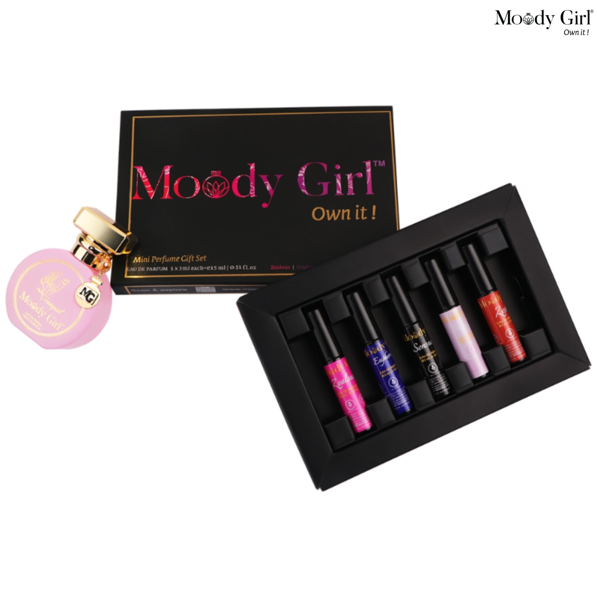 Moody Girl mini perfume gift set with a black box containing lip glosses on a white background.
