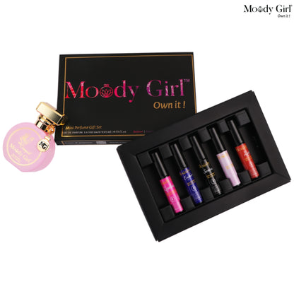Moody Girl mini perfume gift set with a black box containing lip glosses on a white background.