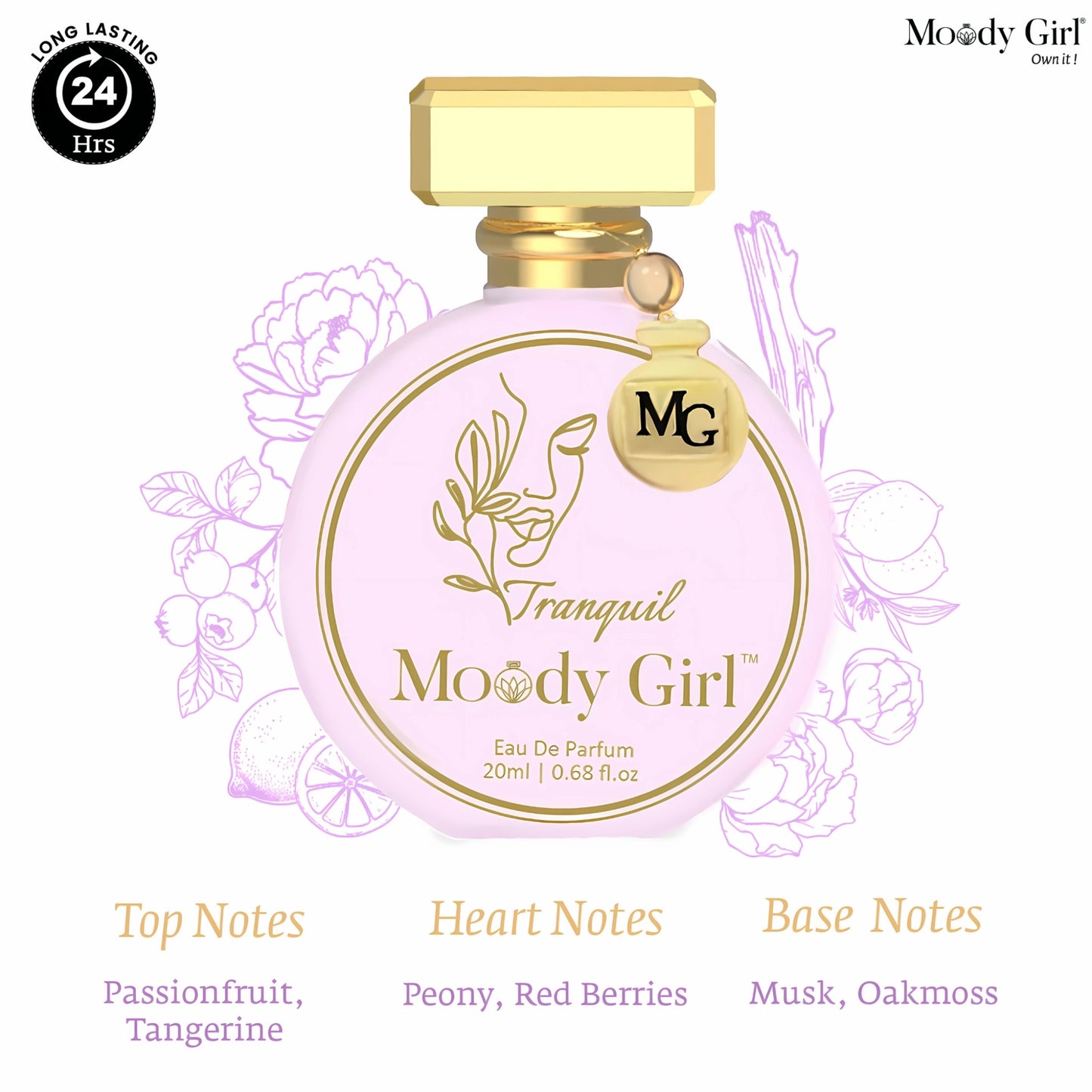 Moody Girl perfume bottle with floral design on a white background
