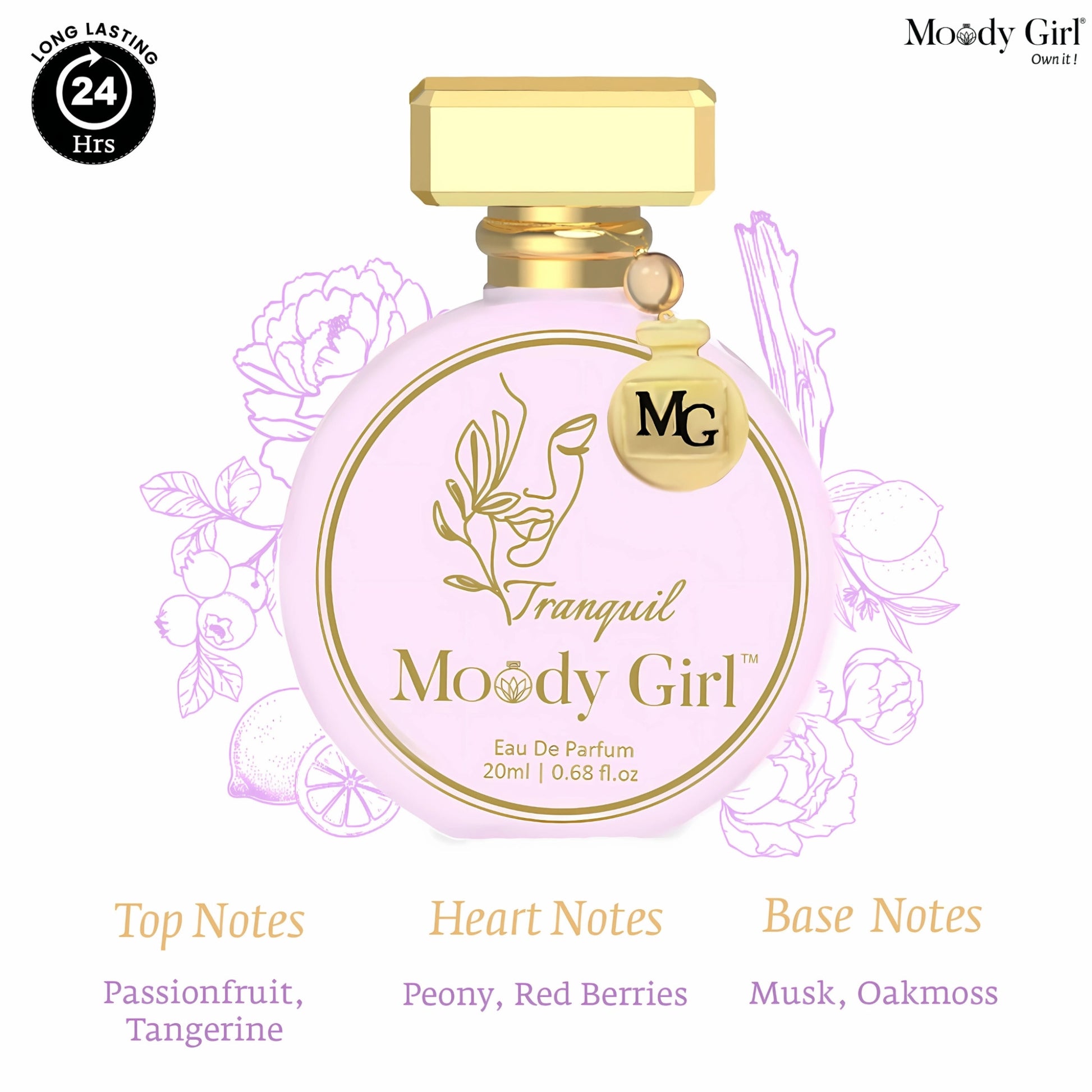 Moody Girl perfume bottle with floral design on a white background