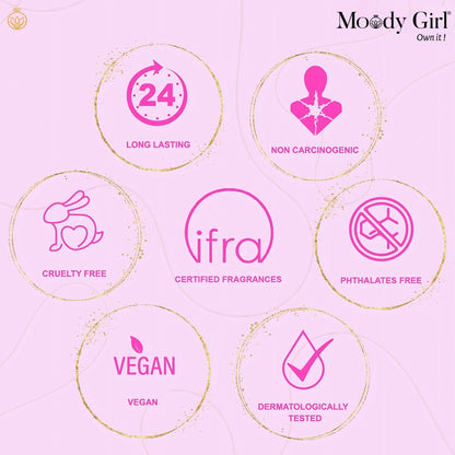 Product features with icons and text on a pink background, including 'Moody Girl' branding.
