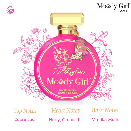 Pink 'Moody Girl' perfume bottle with gold cap on a white background