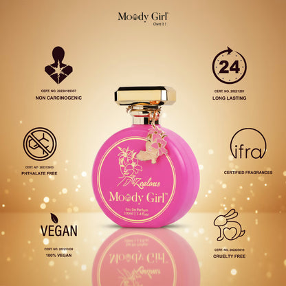 Pink perfume bottle with 'Moody Girl' branding on a gold background with certification icons.
