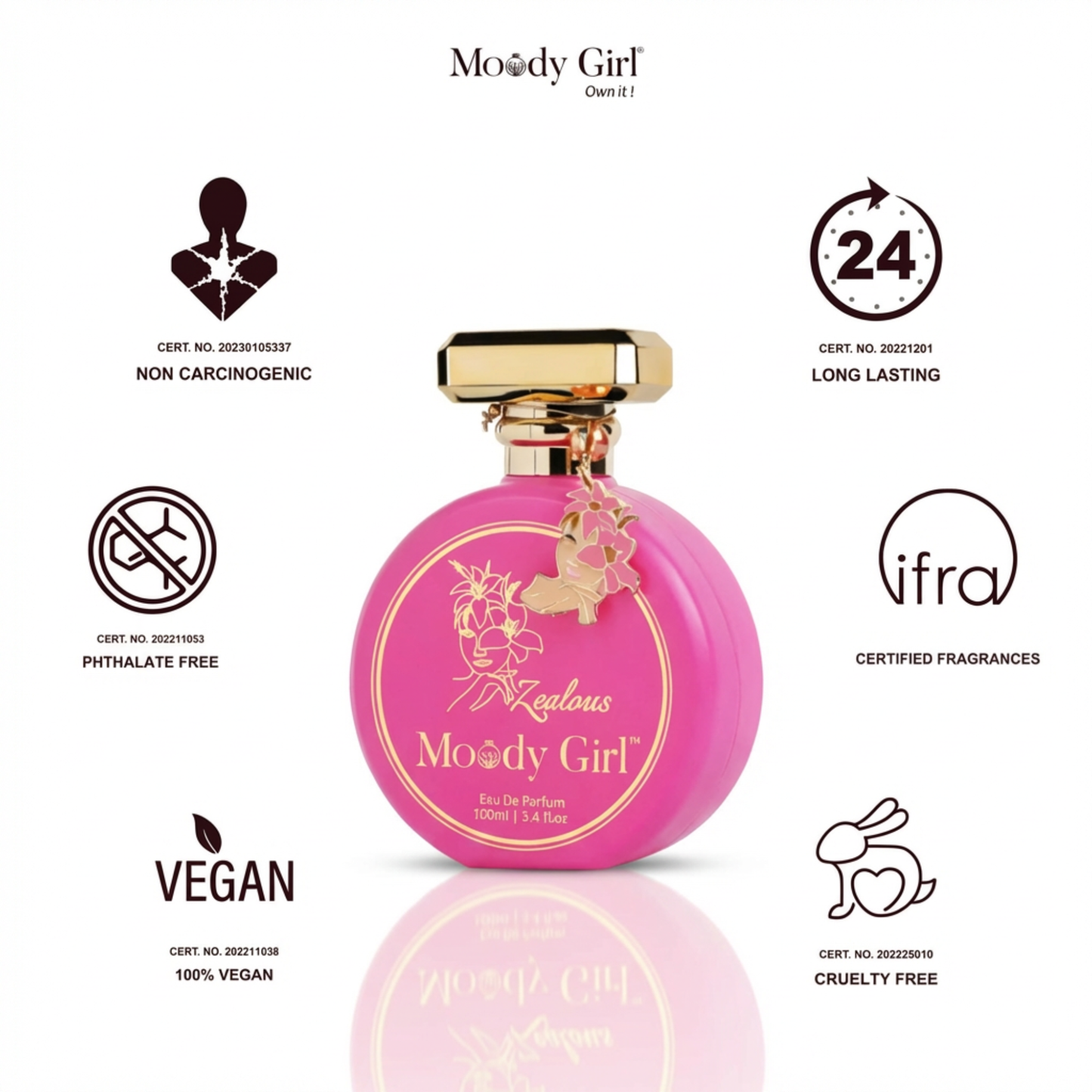 Pink perfume bottle with gold accents and 'Moody Girl' branding, surrounded by certification logos on a white background.