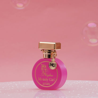 Moody Girl Zealous 20ml Pink perfume bottle with gold cap on a pink background