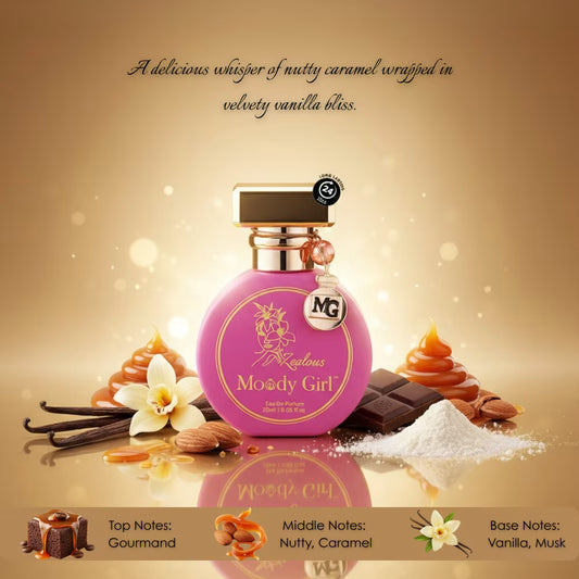 Moody Girl perfume bottle with vanilla and caramel elements on a gold background