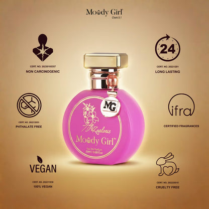 Pink perfume bottle with gold cap on a beige background, featuring 'Moody Girl' branding and certification logos.