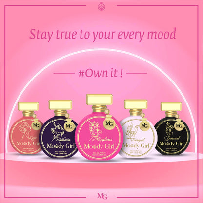 Five bottles of 'Moody Girl' perfume on a pink background with text 'Stay true to your every mood. #Own it!'