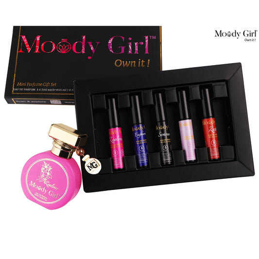 Moody Girl mini perfume gift set with a pink bottle and six small perfume bottles in a black box.