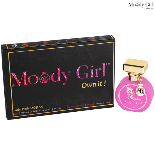 Moody Girl mini perfume gift set with pink perfume bottle and black box on a white background