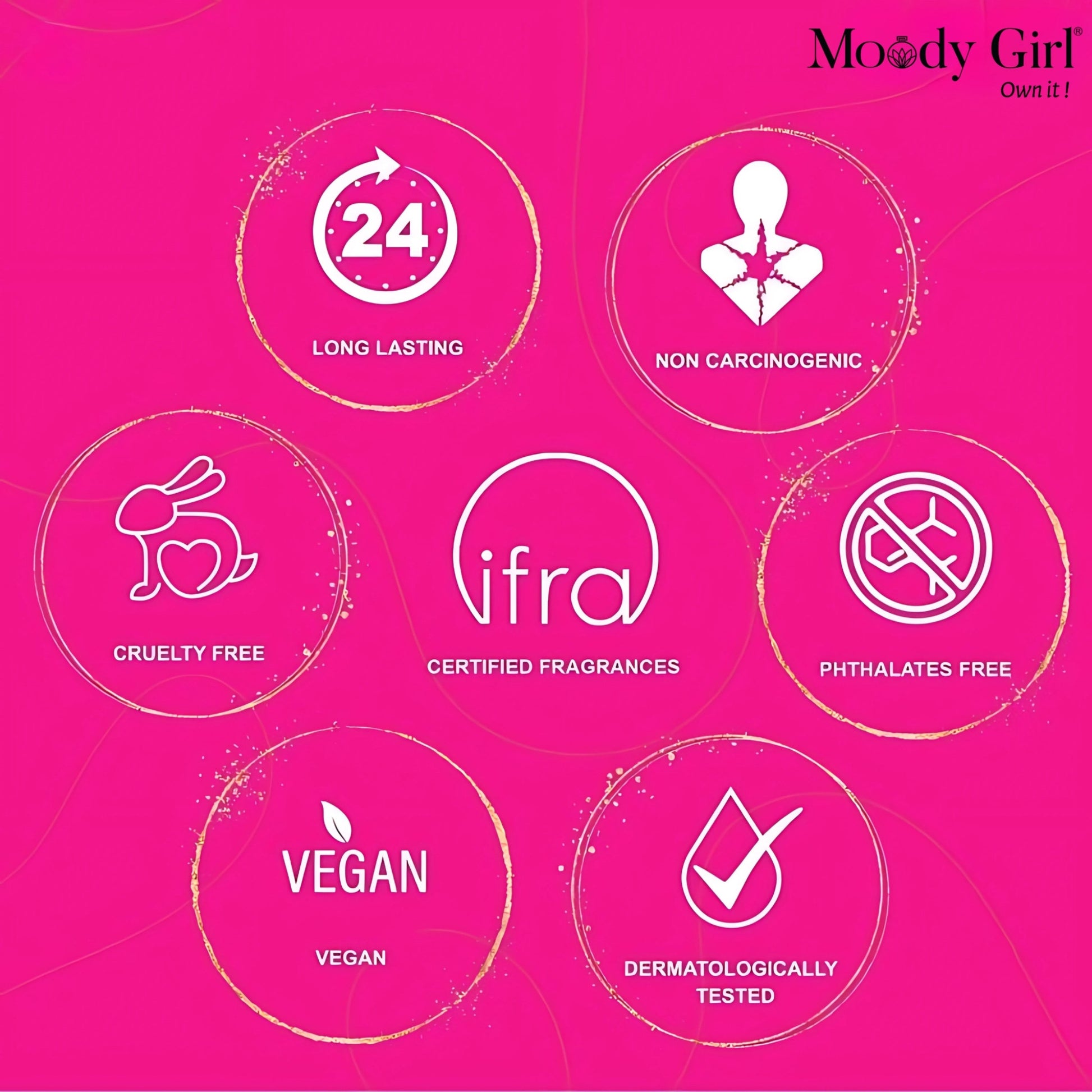 Product features on a pink background with 'Moody Girl' branding.