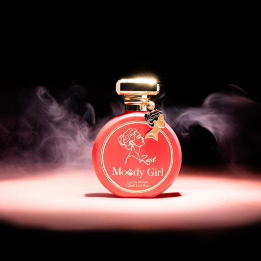 Moody Girl Zest 100ml Red perfume bottle labeled 'Moody Girl' with gold cap on a dark background