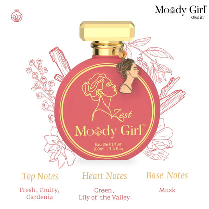 Moody Girl Zest 100ml perfume bottle with floral illustrations and product details on a white background