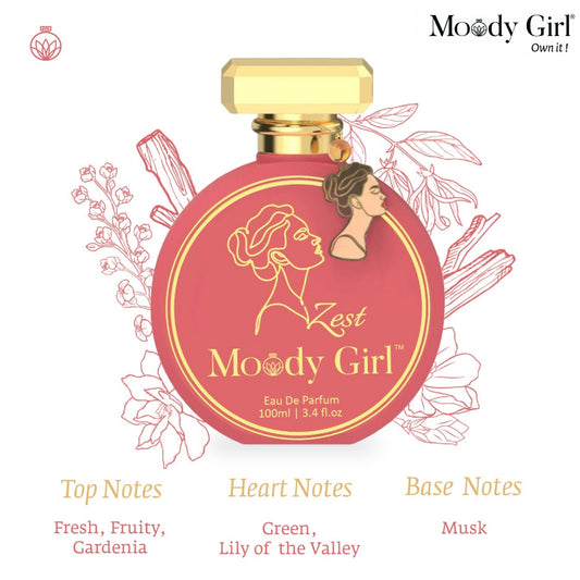 Moody Girl Zest 100ml perfume bottle with floral illustrations and product details on a white background