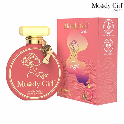 Moody Girl Zest 100ml perfume bottle and packaging on a white background