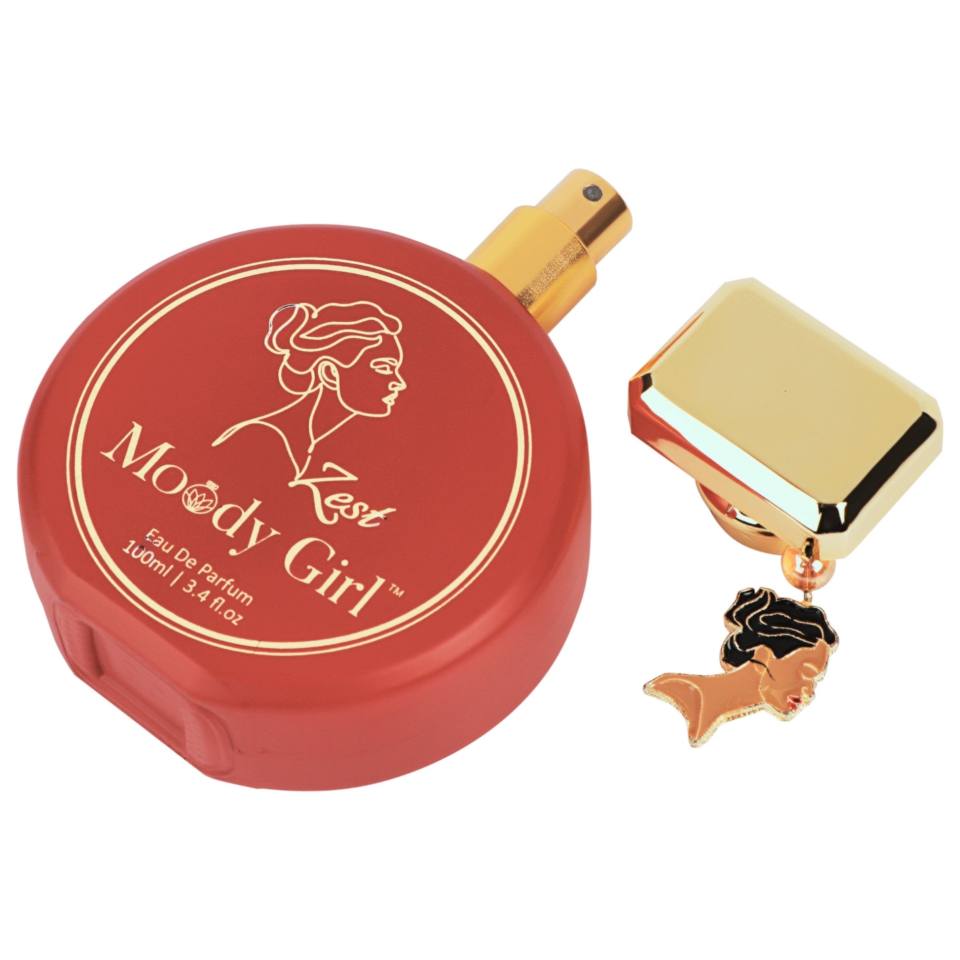 Moody Girl Zest 100ml Red and gold perfume bottle with 'Moody Girl' branding on a white background