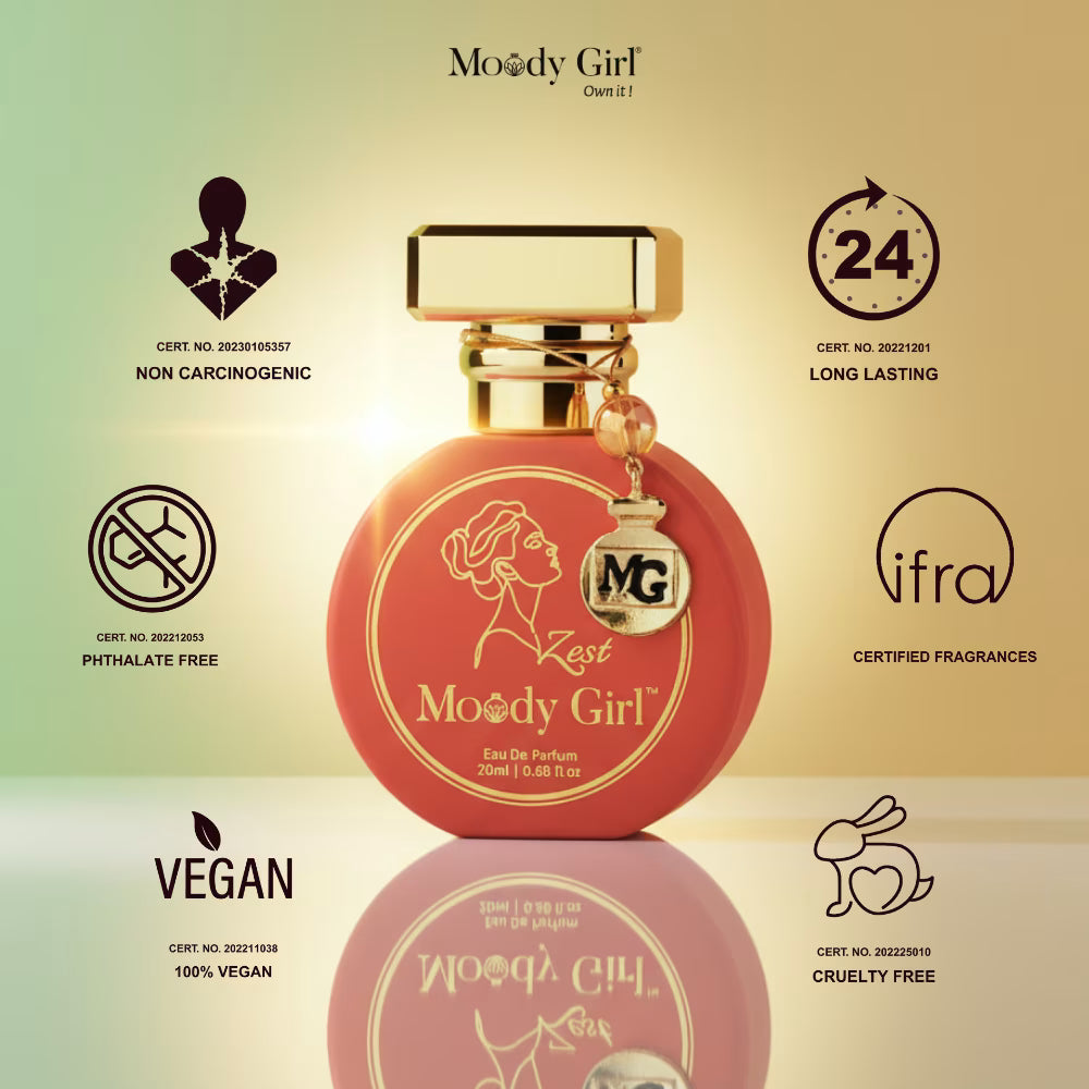 Red perfume bottle with gold cap on a beige background, featuring 'Moody Girl' branding and certification logos.