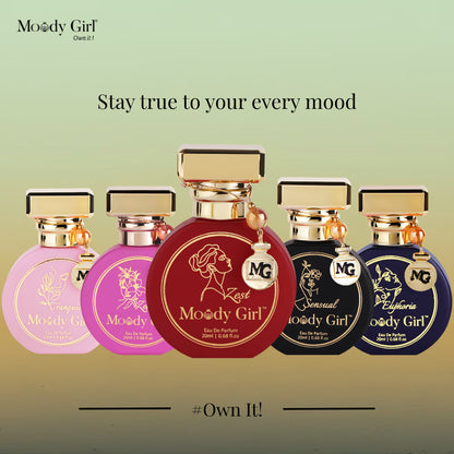 Set of Moody Girl perfume bottles with different colored bottles and gold caps on a light green background.