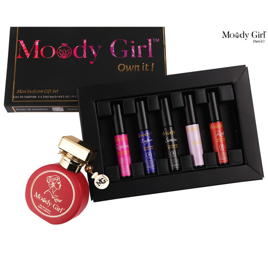 Moody Girl mini perfume gift set with a red perfume bottle and black box containing smaller bottles.