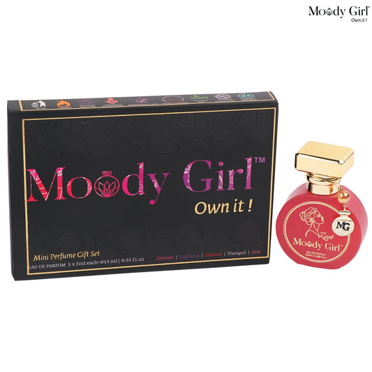 Moody Girl perfume gift set with black box and red bottle on a white background