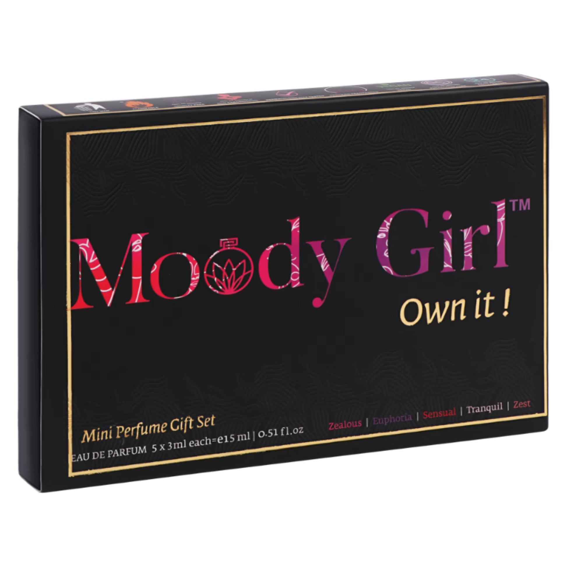 Black box of Moody Girl mini perfume gift set with pink and yellow text.