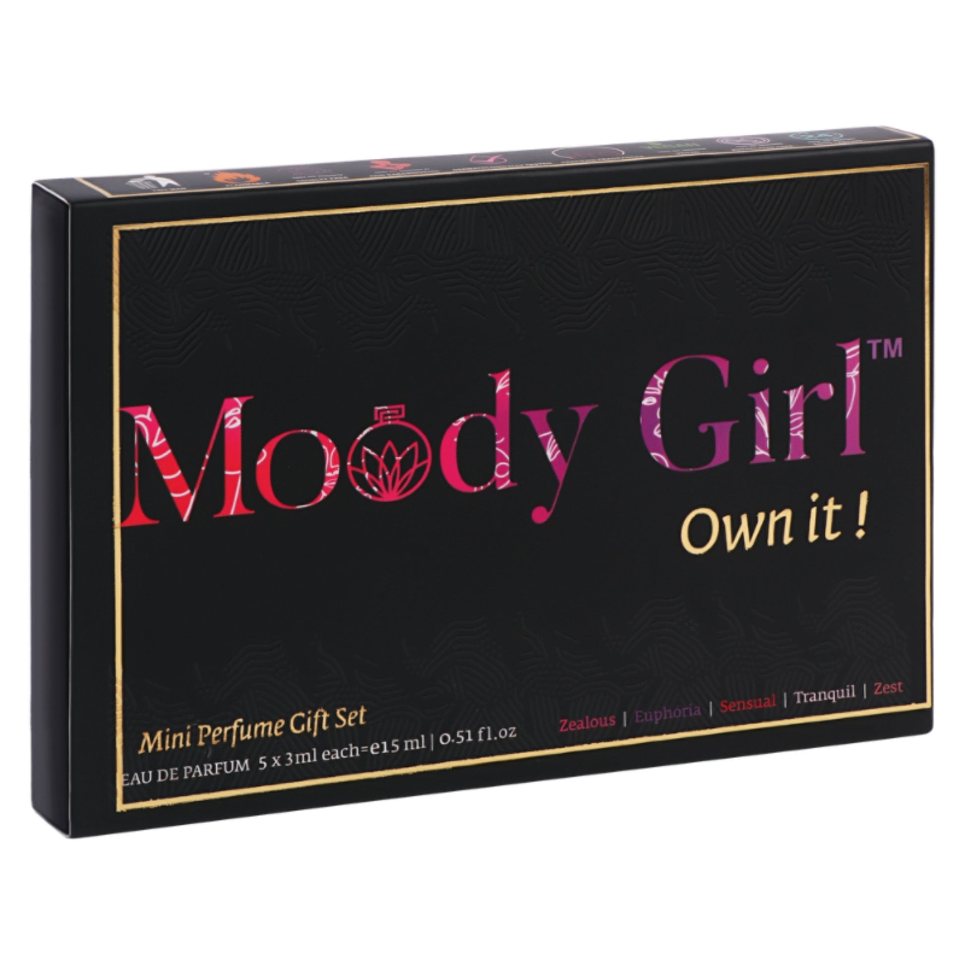 Black box of Moody Girl mini perfume gift set with pink and red text.
