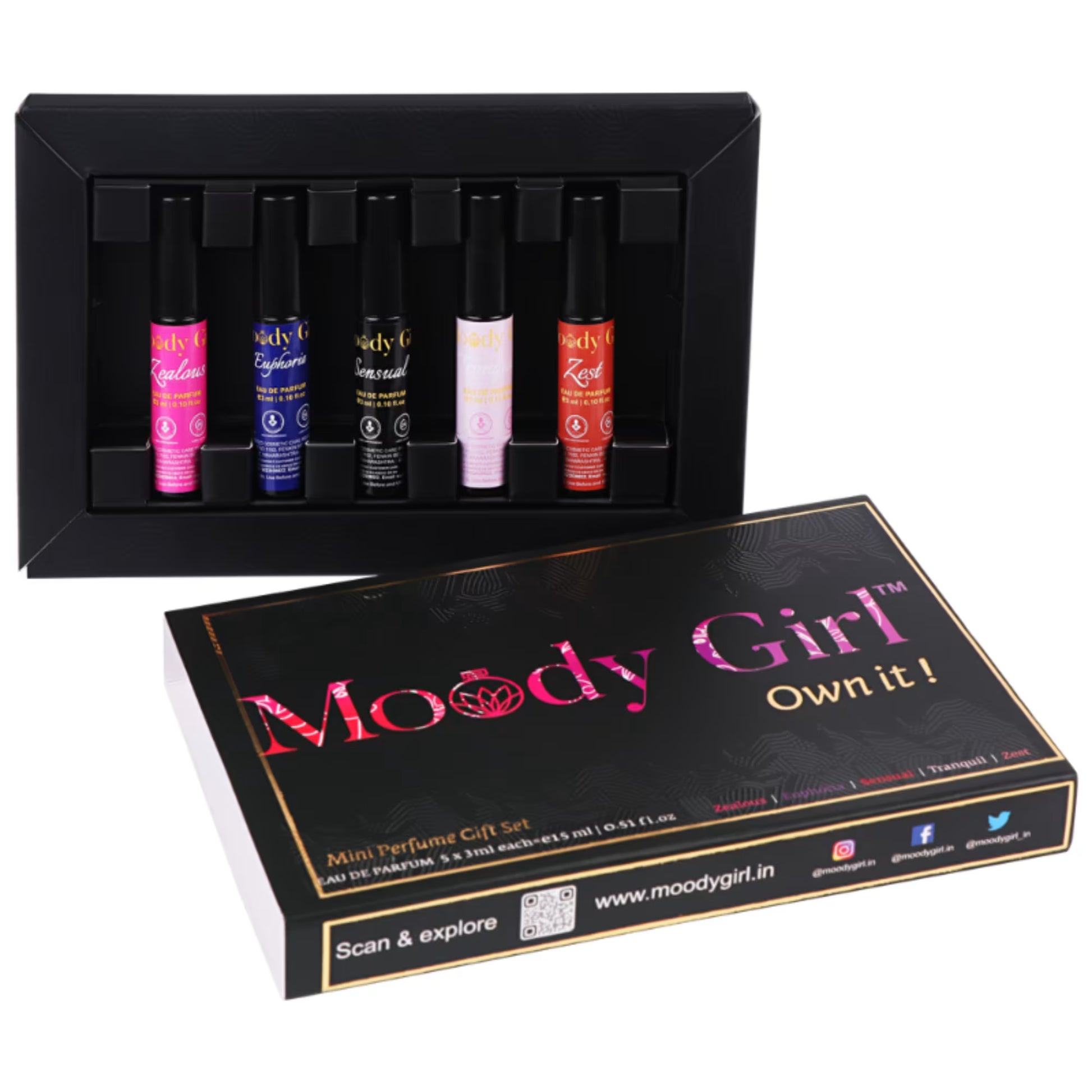 Moody Girl mini perfume gift set with five small bottles in a black display box.