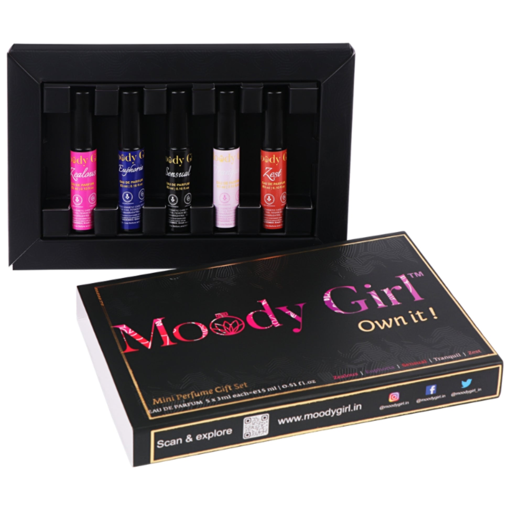 Moody Girl mini perfume gift set with black packaging and colorful perfume bottles.