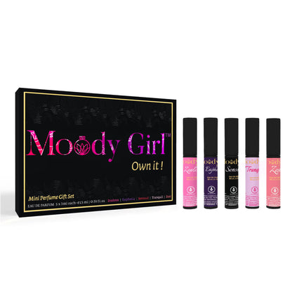 Moody Girl mini perfume gift set with five perfume bottles and a black box on a white background