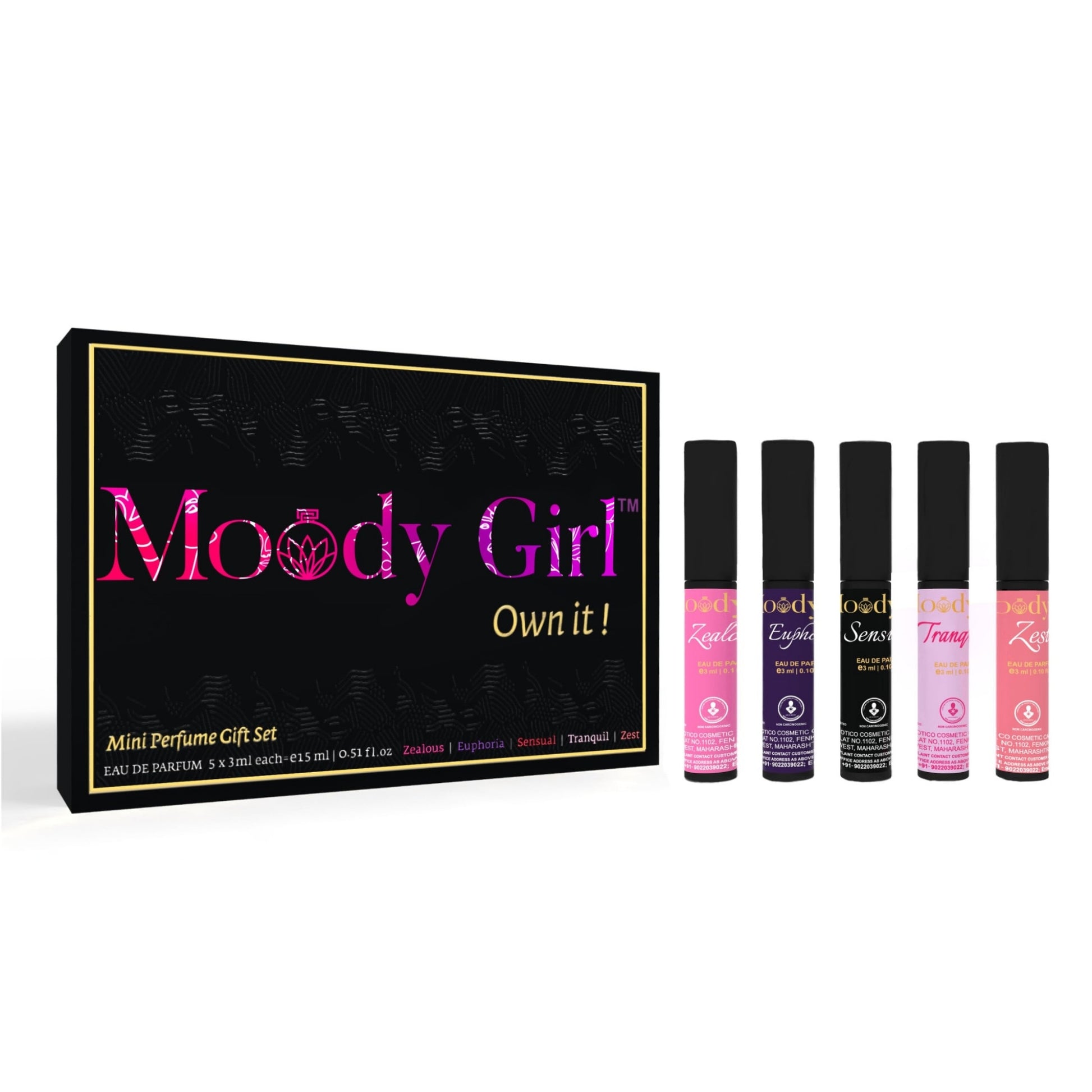 Moody Girl mini perfume gift set with packaging on a white background