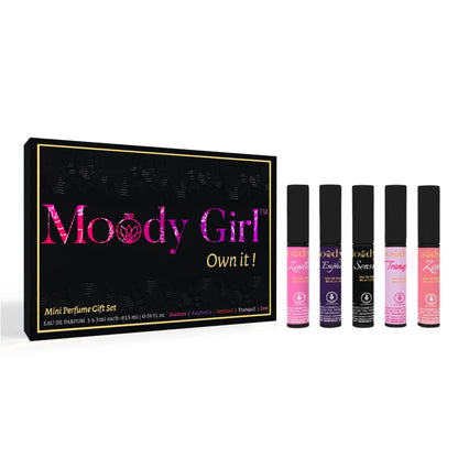Moody Girl mini perfume gift set with packaging on a white background
