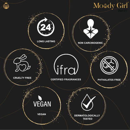 Collection of icons and text on a black background with 'Moody Girl' branding.