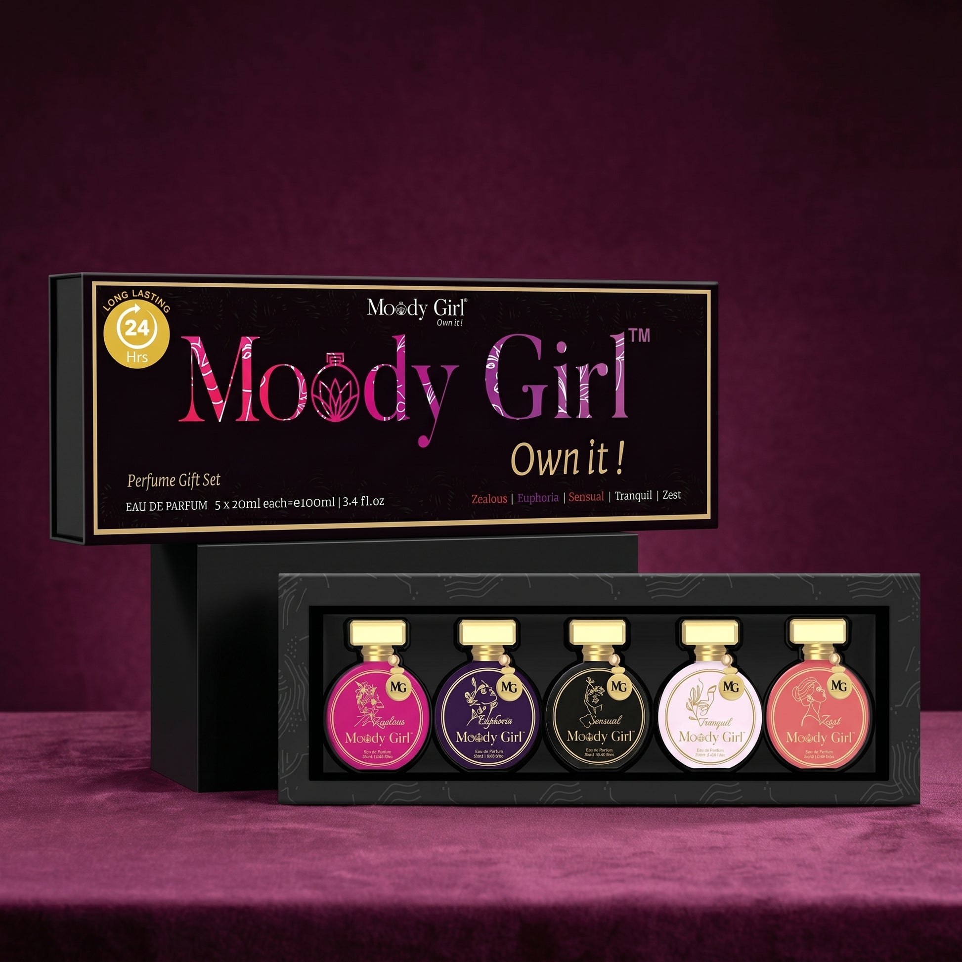 Moody Girl perfume gift set with six small bottles on a purple background