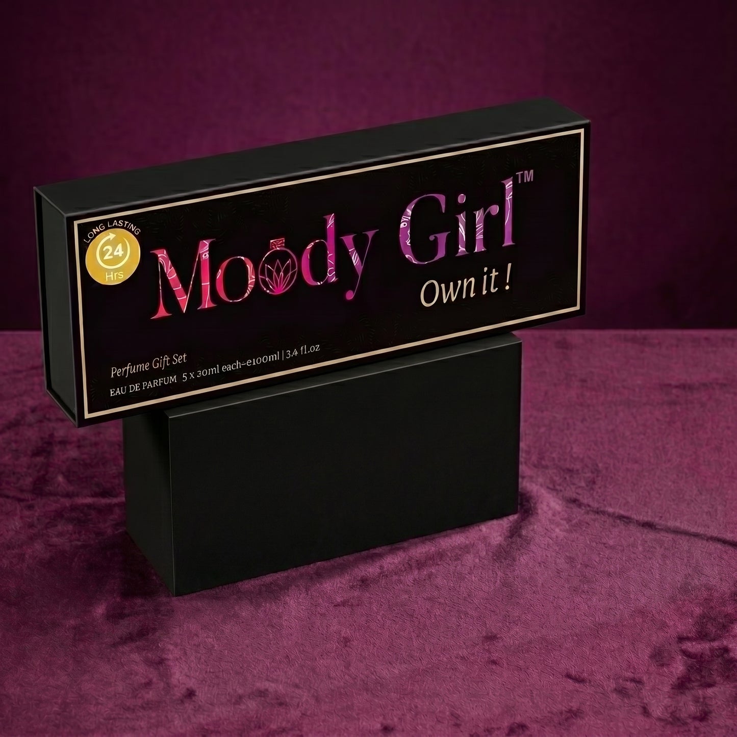 Black box with 'Moody Girl' branding on a purple background