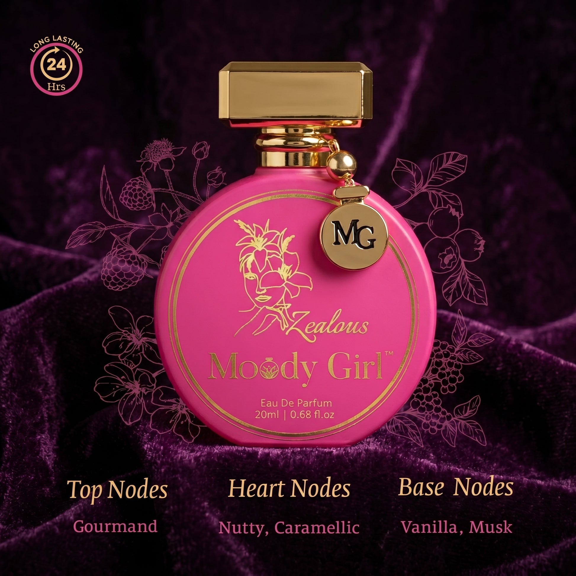 Pink perfume bottle with gold cap on a purple floral background