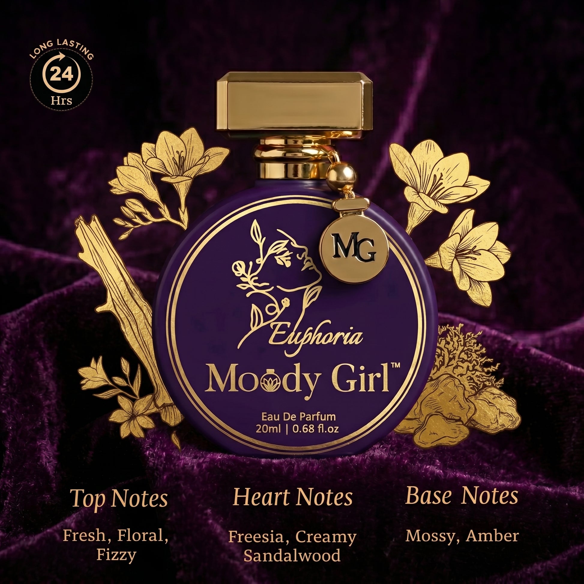 Perfume bottle labeled 'Moody Girl' with gold accents on a dark background