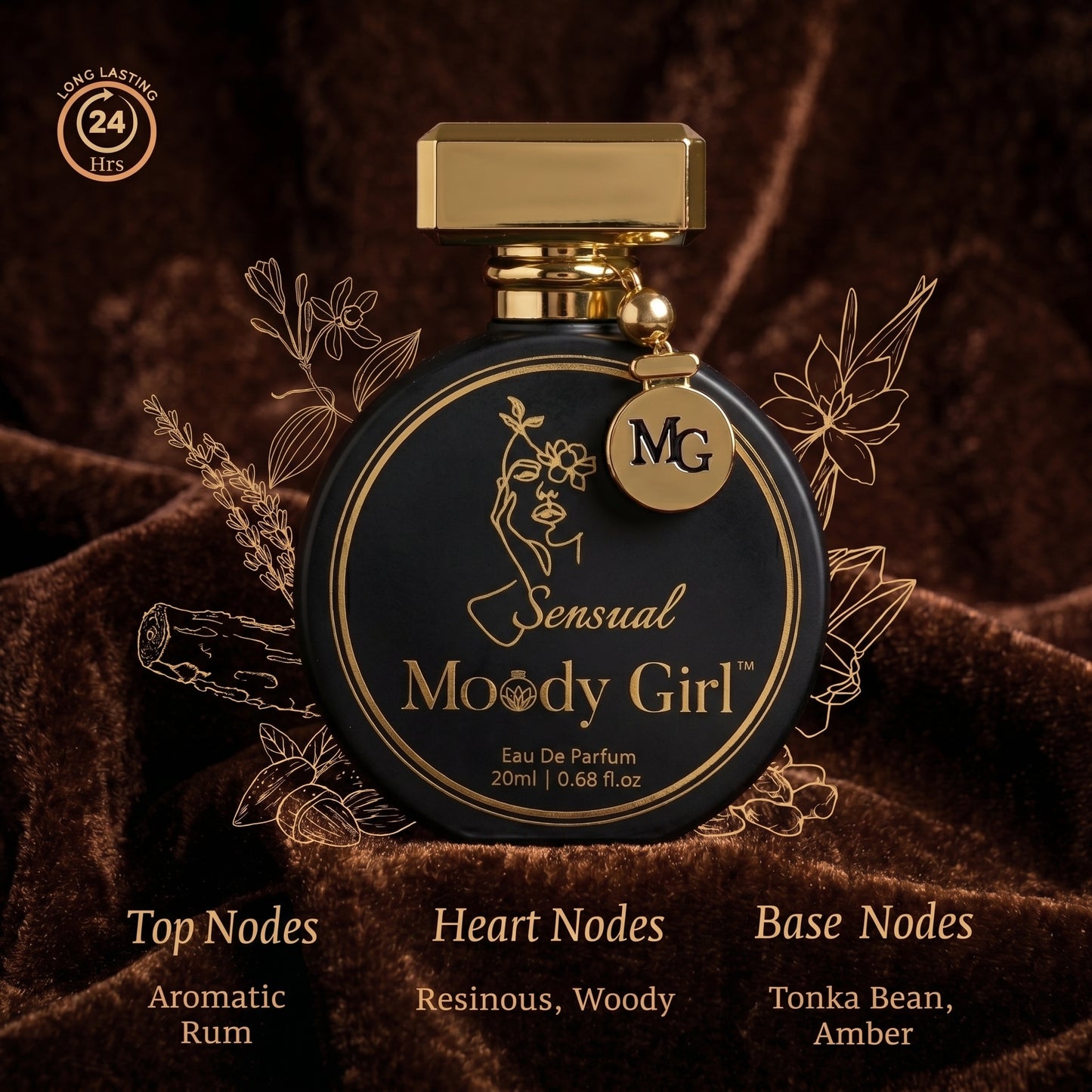Moody Girl perfume bottle with gold cap on a brown textured background