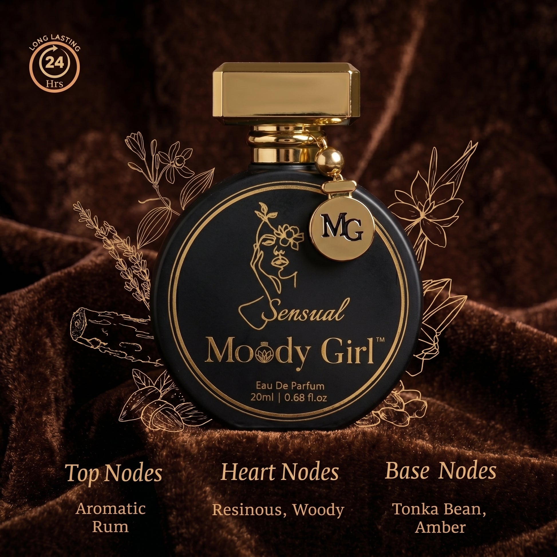 Moody Girl perfume bottle with gold cap on a brown textured background
