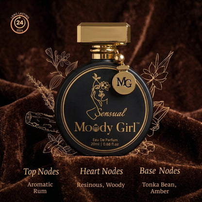 Moody Girl perfume bottle with gold cap on a brown textured background